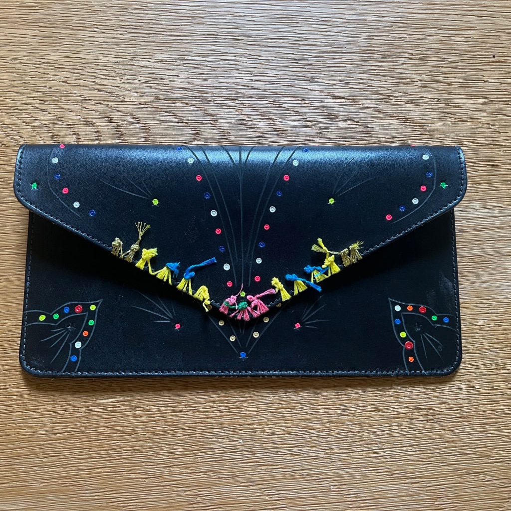 Rare Naj Jamai For Barneys New York Celeste Clutch In Black Leather Handpainted